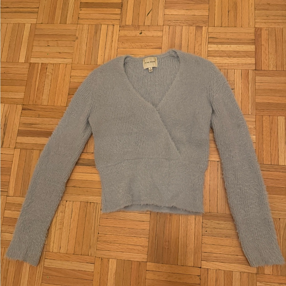 Pink Rose Light Blue V-Neck Wrap Sweater